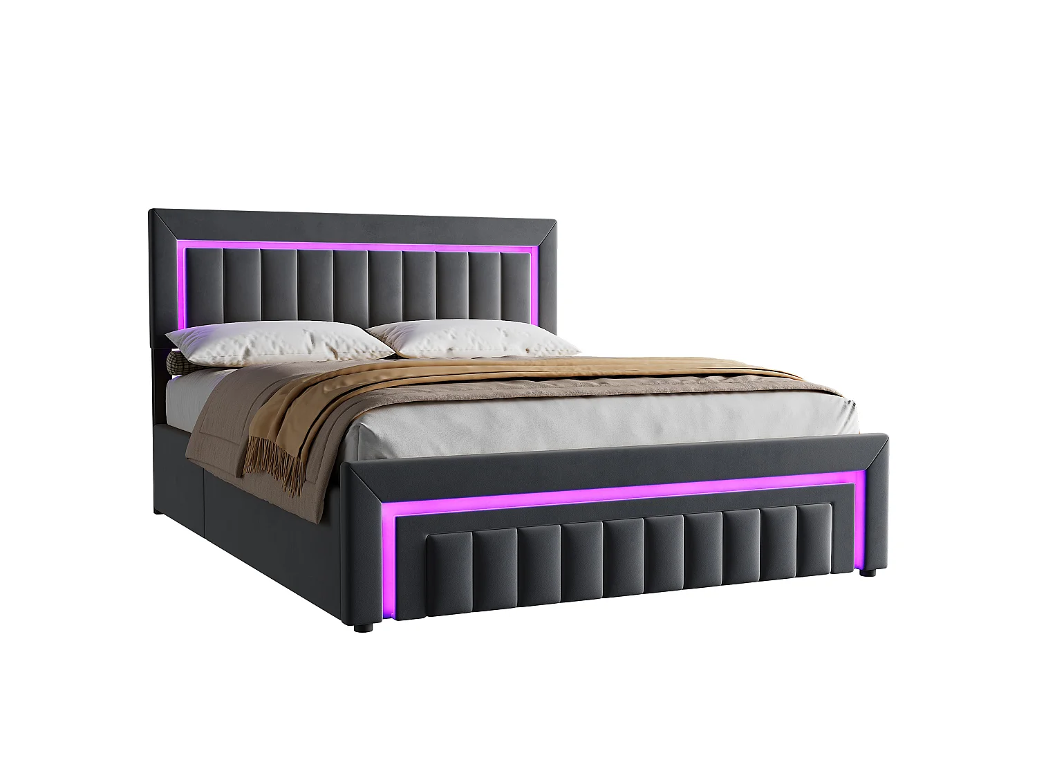 Letto contenitore per adulti 160x200 cm con cassetti e illuminazione a LED - Letto matrimoniale in velluto grigio