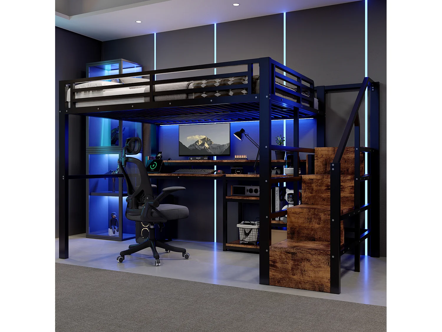 Lit mezzanine 140 x 200 cm avec bureau ,ports USB et Type-C - Noir