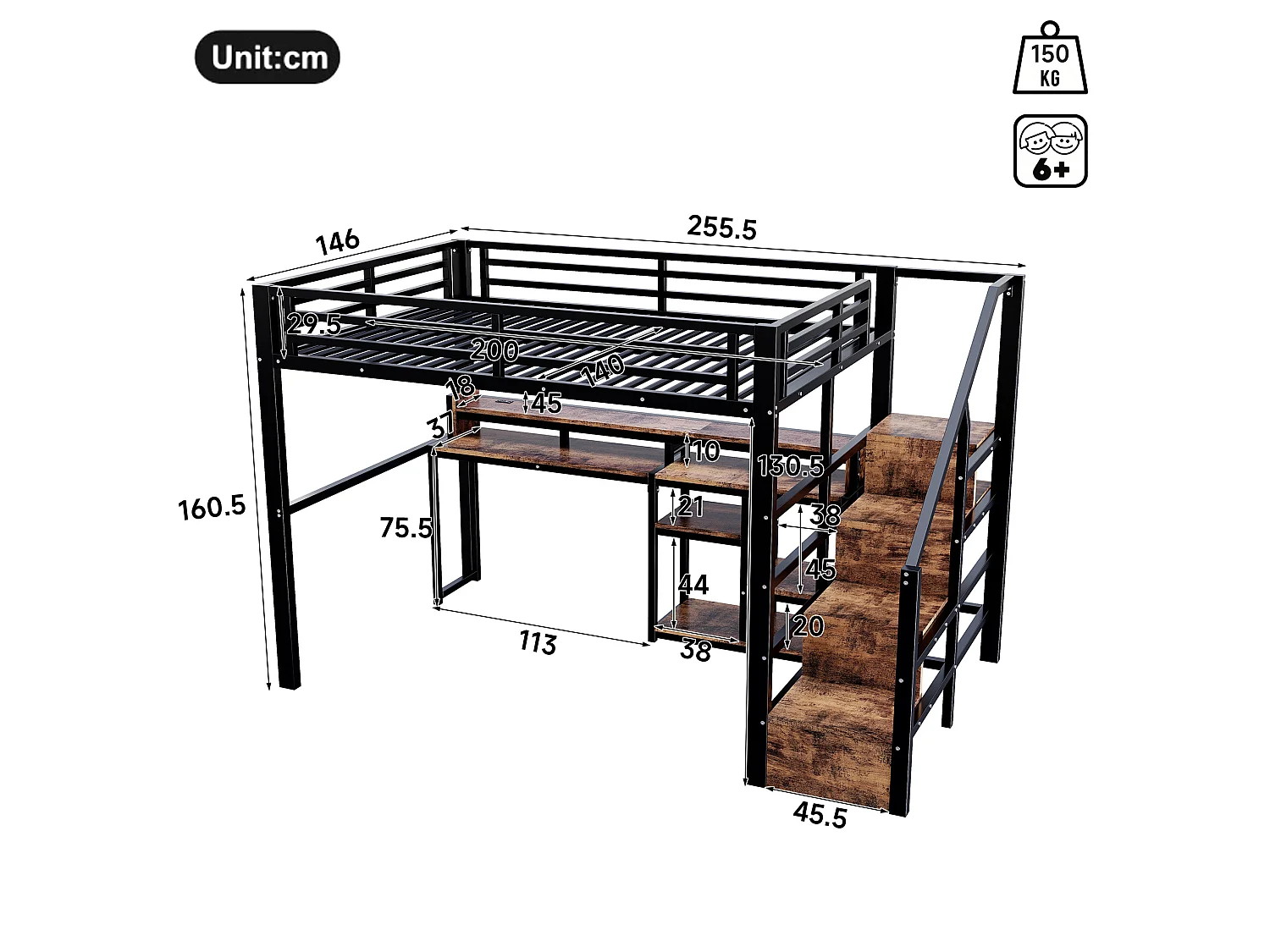 Lit mezzanine 140 x 200 cm avec bureau ,ports USB et Type-C - Noir