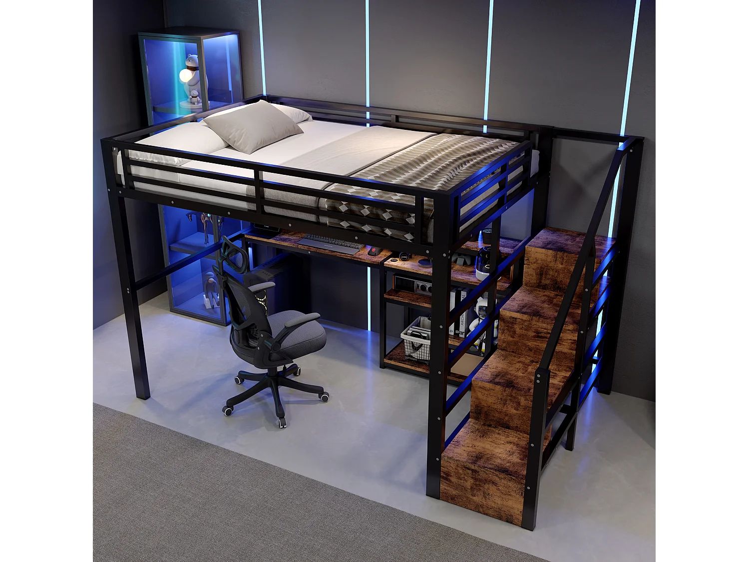 Lit mezzanine 140 x 200 cm avec bureau ,ports USB et Type-C - Noir