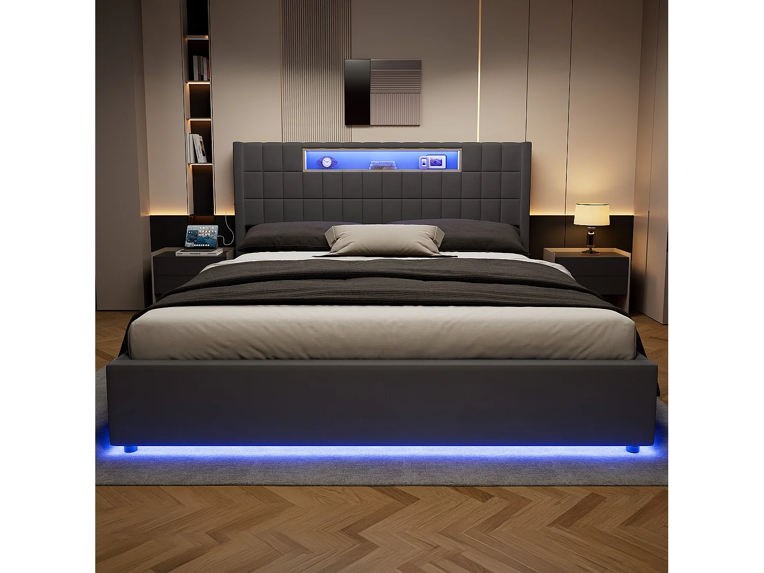 Letto matrimoniale contenitore 180x200 cm in velluto con LED e presa - Letto per adulti grigio scuro