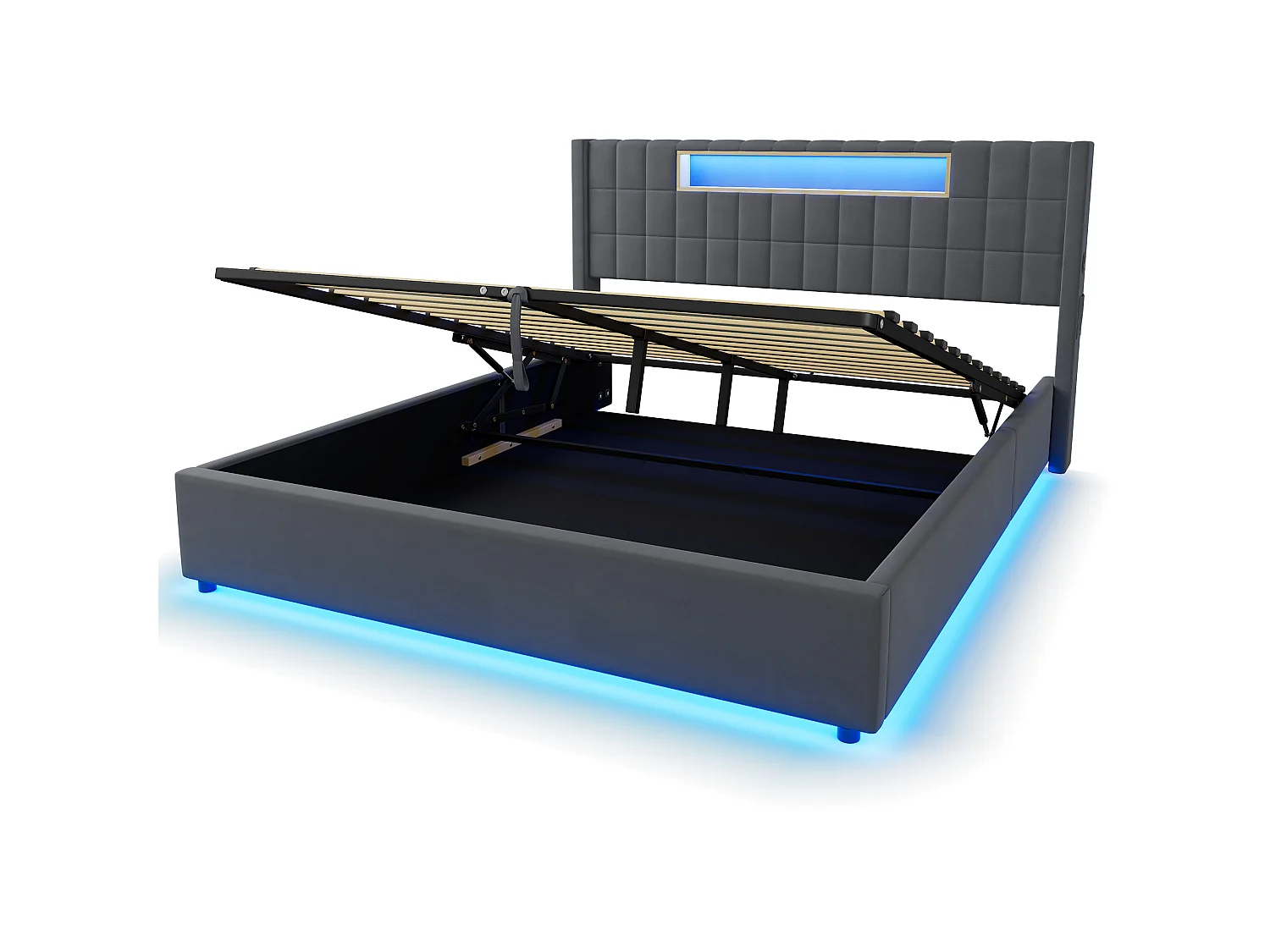 Letto matrimoniale contenitore 180x200 cm in velluto con LED e presa - Letto per adulti grigio scuro
