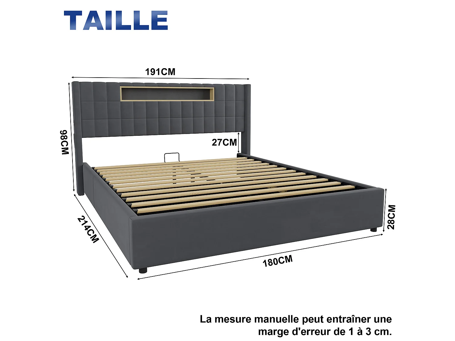 Letto matrimoniale contenitore 180x200 cm in velluto con LED e presa - Letto per adulti grigio scuro