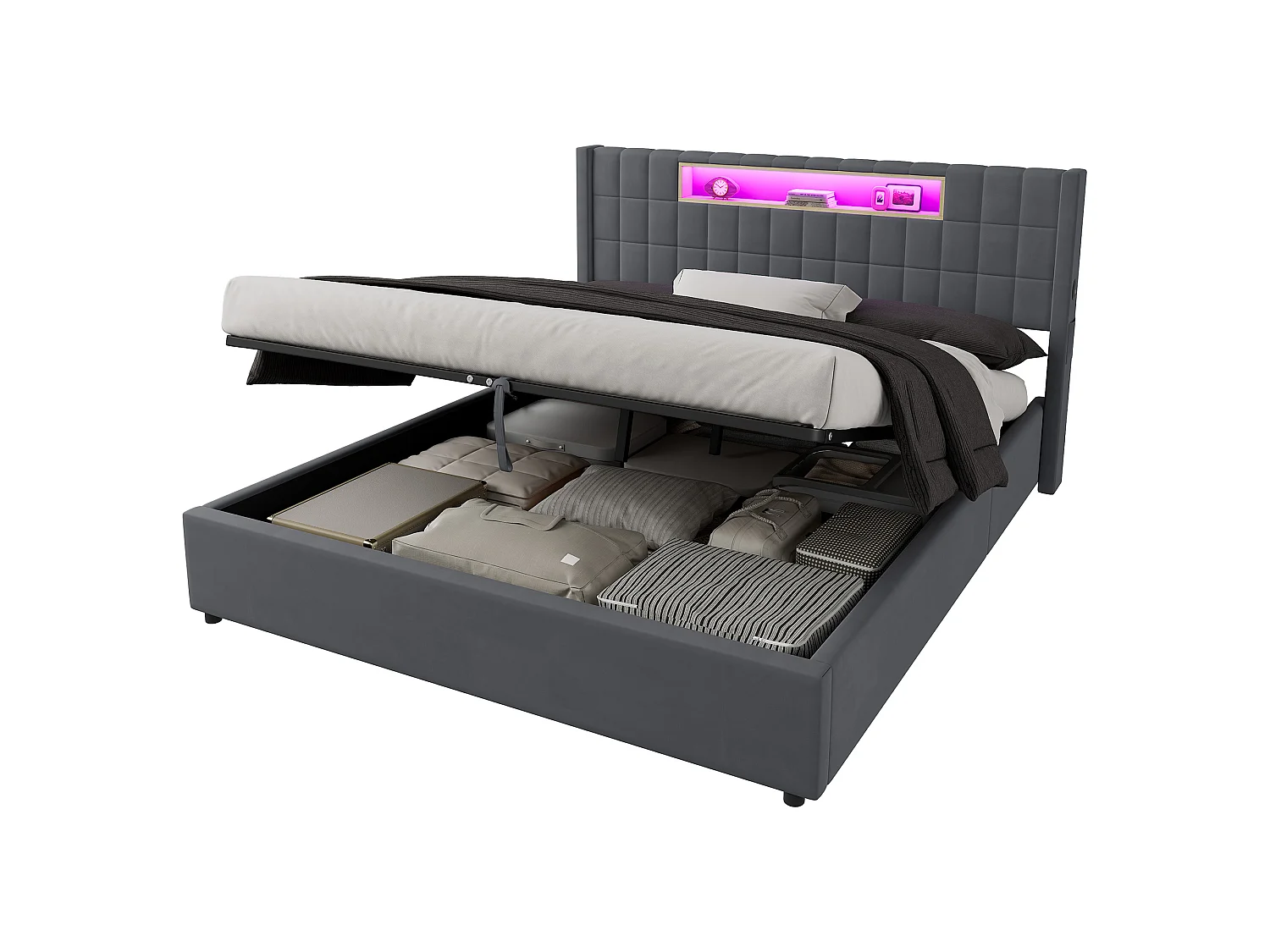 Letto matrimoniale contenitore 180x200 cm in velluto con LED e presa - Letto per adulti grigio scuro