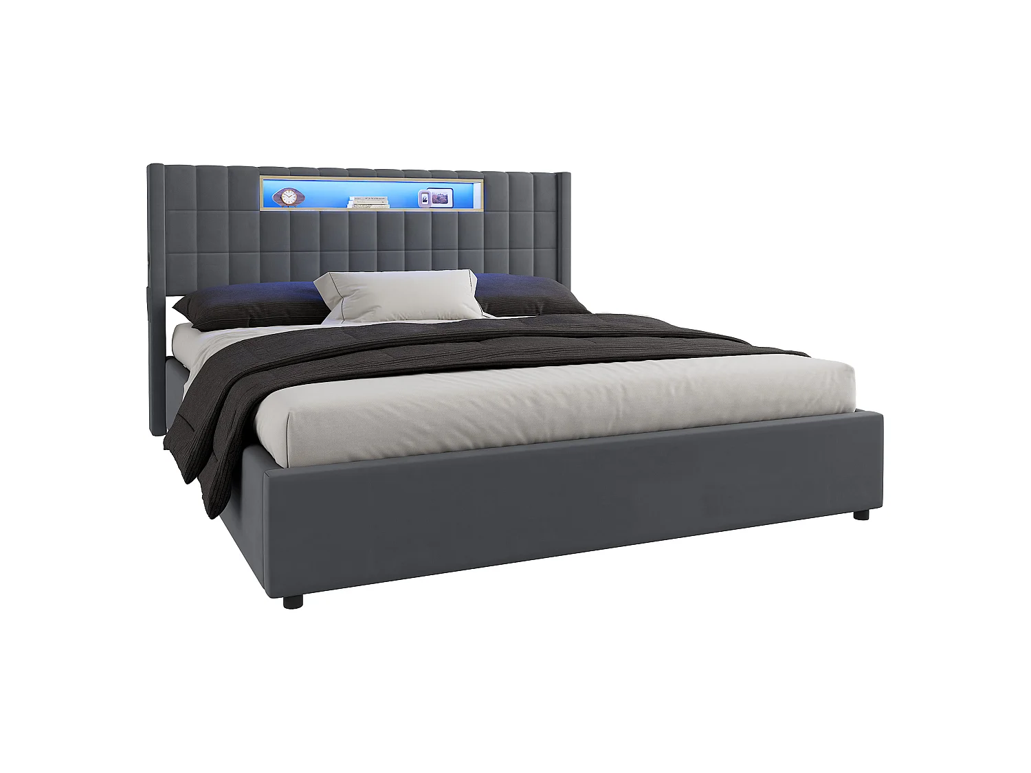 Letto matrimoniale contenitore 180x200 cm in velluto con LED e presa - Letto per adulti grigio scuro