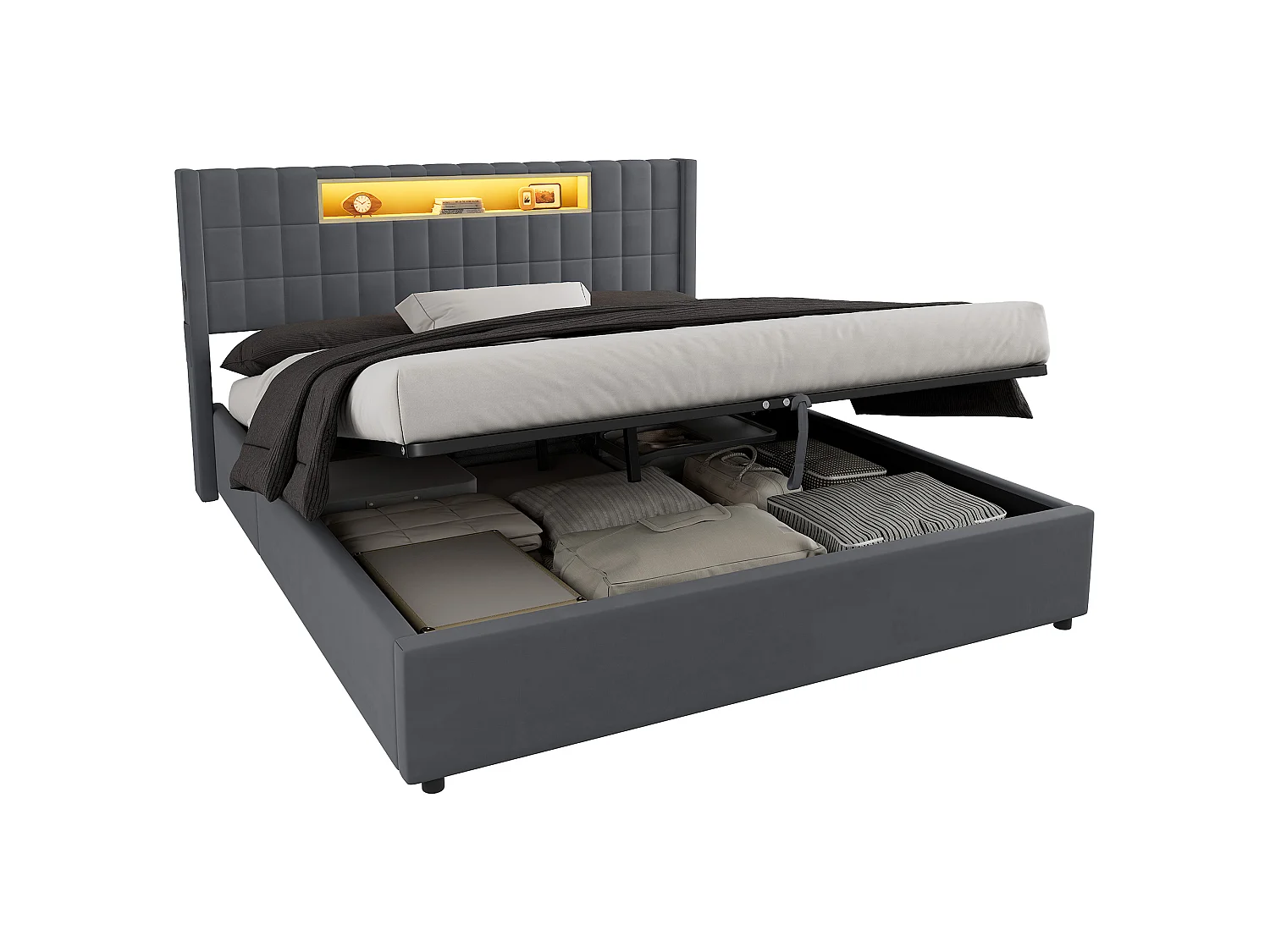 Letto matrimoniale contenitore 180x200 cm in velluto con LED e presa - Letto per adulti grigio scuro