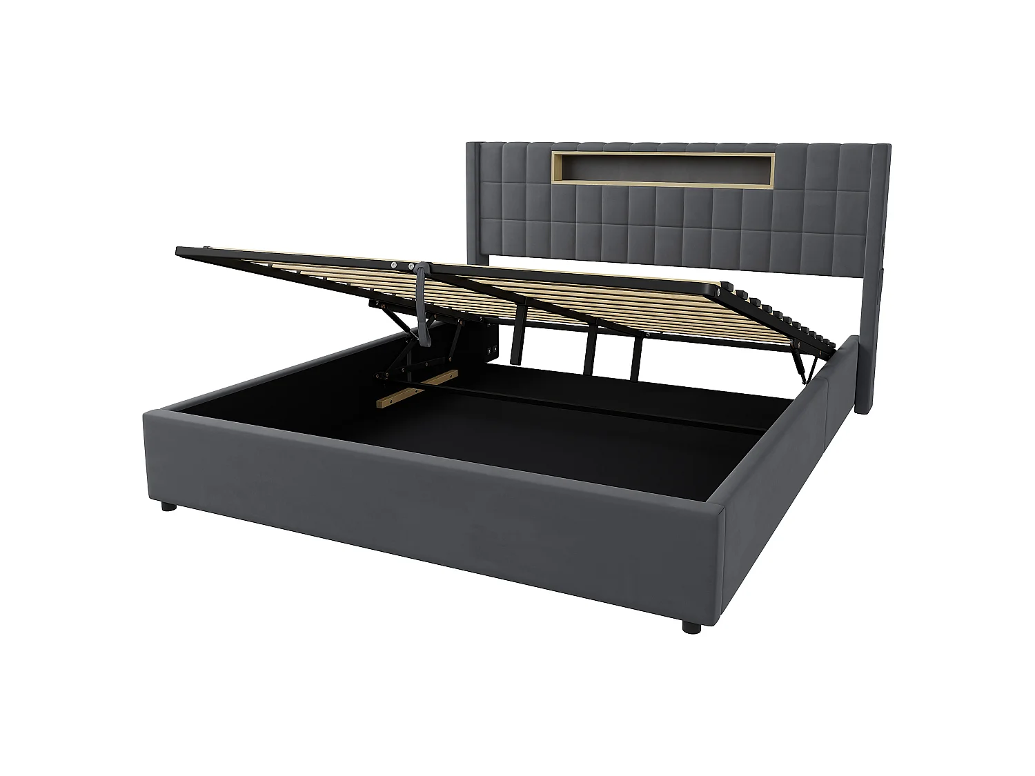 Letto matrimoniale contenitore 180x200 cm in velluto con LED e presa - Letto per adulti grigio scuro