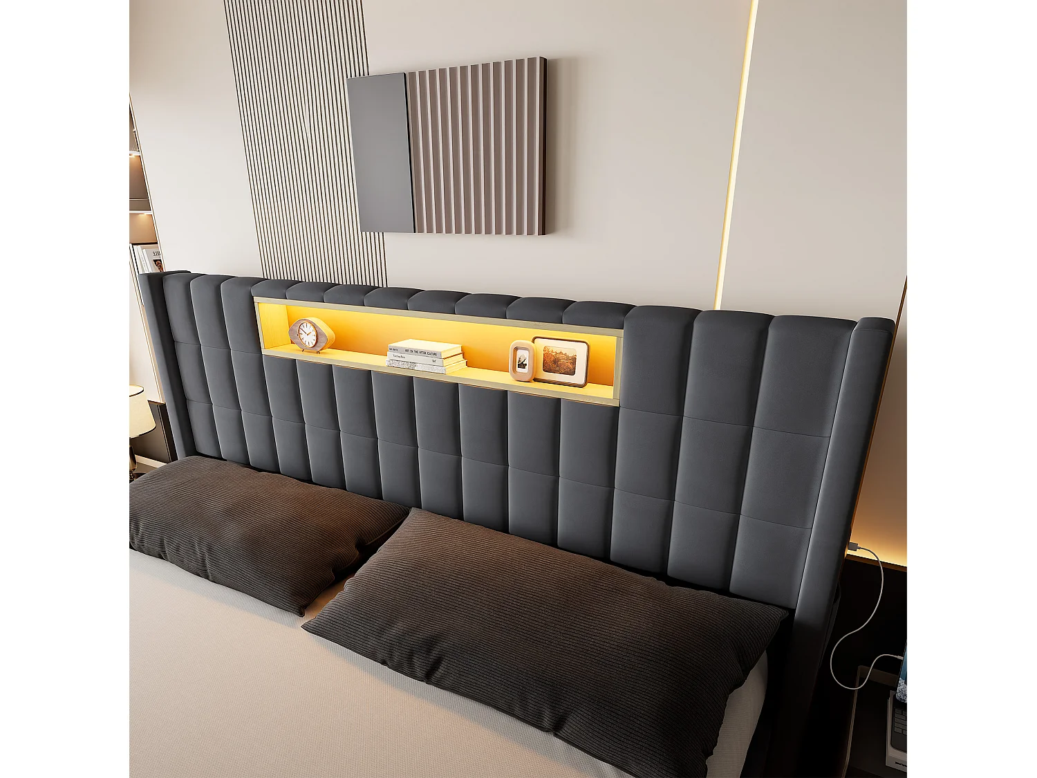 Letto matrimoniale contenitore 180x200 cm in velluto con LED e presa - Letto per adulti grigio scuro