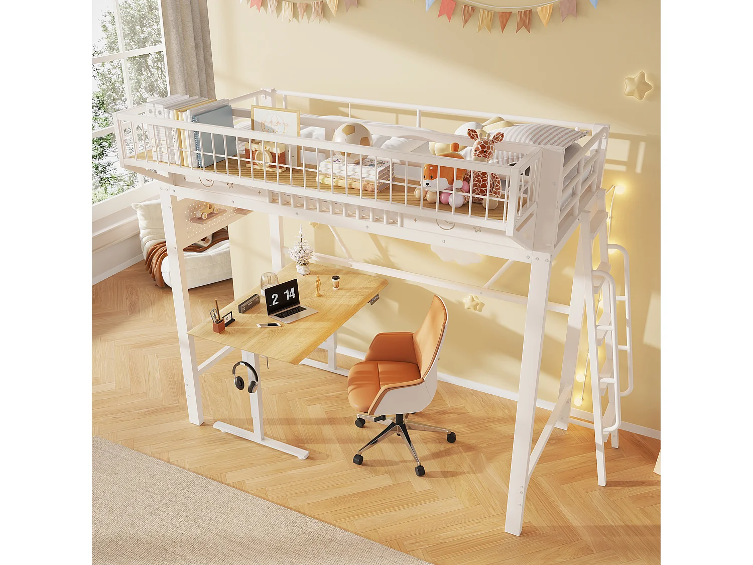 Lit mezzanine enfant 90 x 200 cm en métal avec rangement et échelle - Blanc
