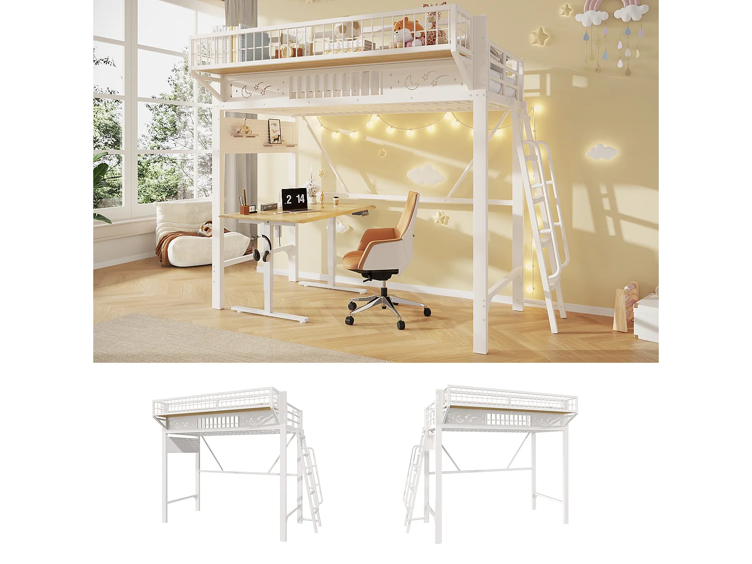 Lit mezzanine enfant 90 x 200 cm en métal avec rangement et échelle - Blanc