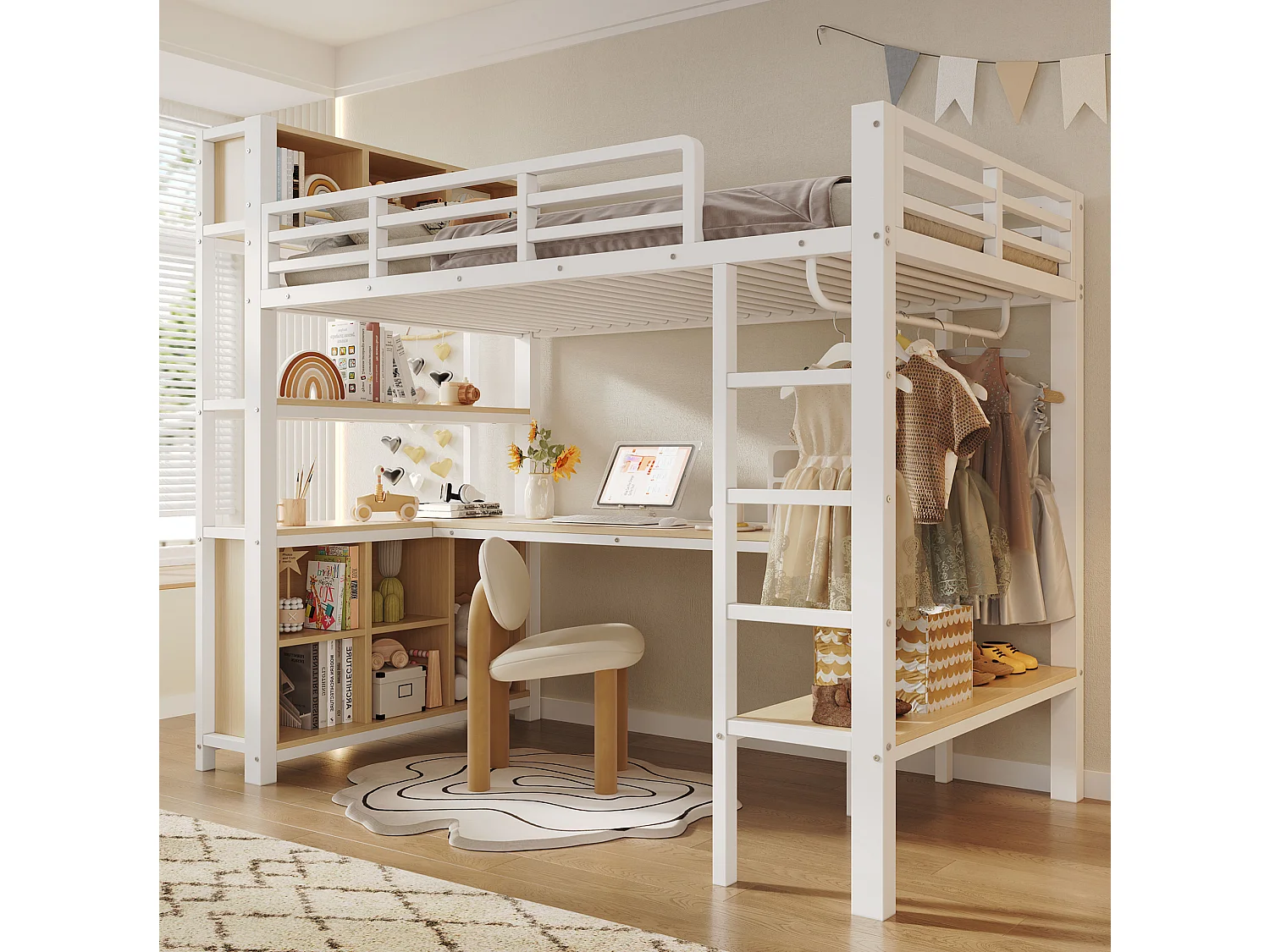 Lit mezzanine enfant 90 x 200 cm avec bureau et rangement - Blanc