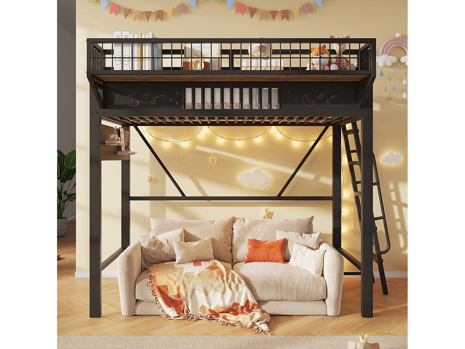 Lit mezzanine enfant 90 x 200 cm en métal avec rangement et échelle - Noir