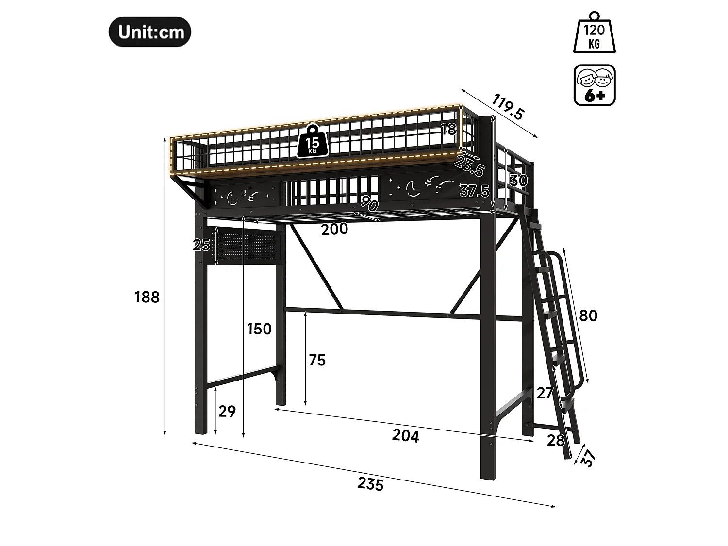 Lit mezzanine enfant 90 x 200 cm en métal avec rangement et échelle - Noir