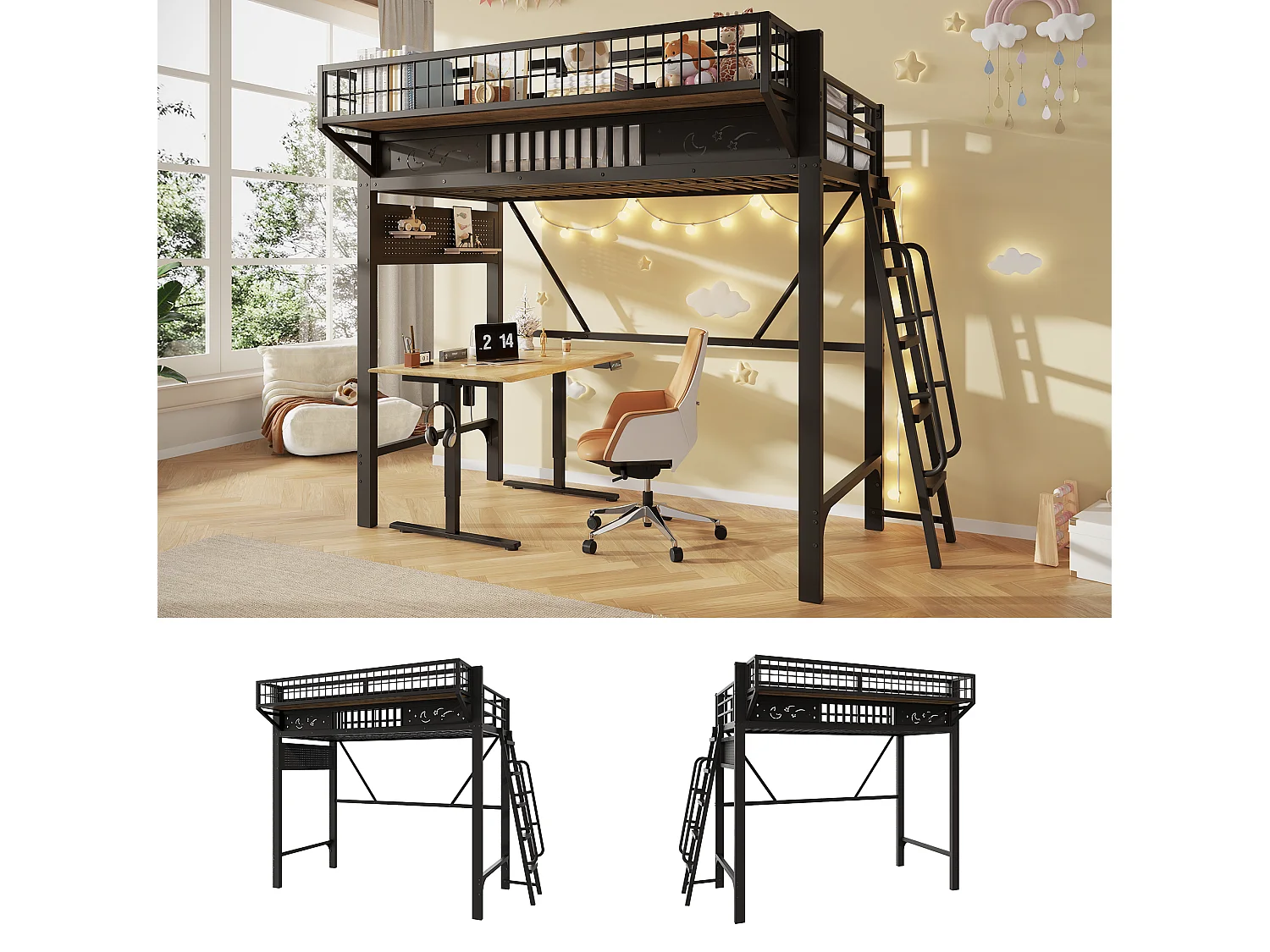 Lit mezzanine enfant 90 x 200 cm en métal avec rangement et échelle - Noir