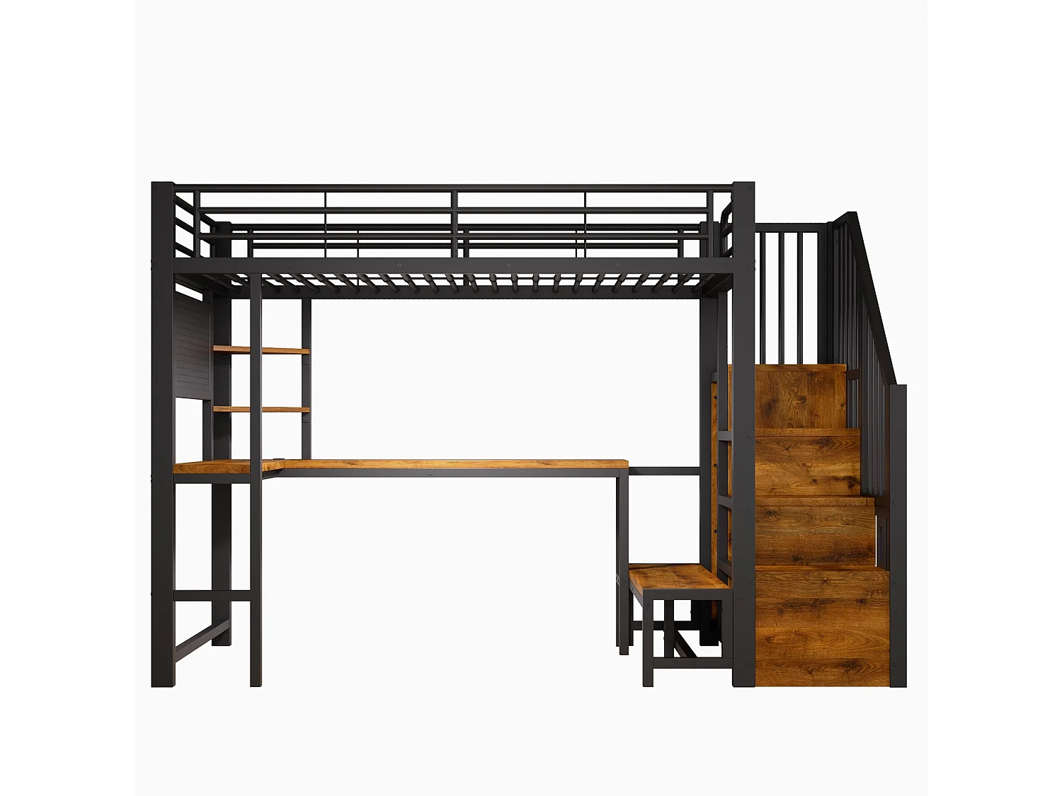 Lit mezzanine 90 x 200 cm avec port USB et USB-C , paroi perforée, étagères - Noir
