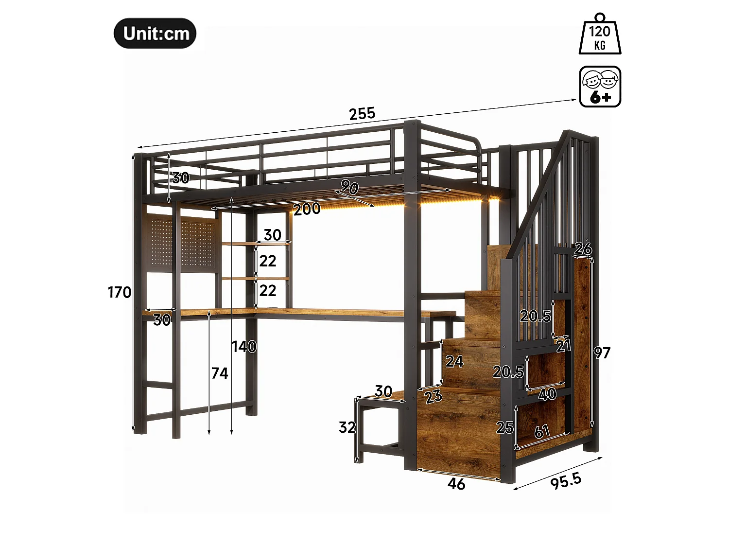 Lit mezzanine 90 x 200 cm avec port USB et USB-C , paroi perforée, étagères - Noir