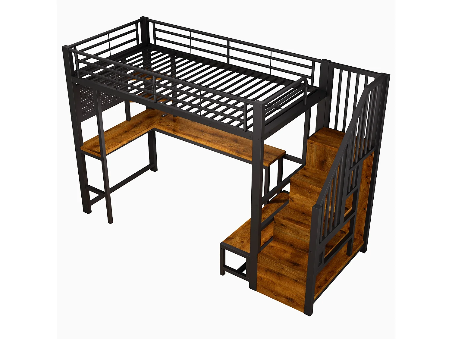 Lit mezzanine 90 x 200 cm avec port USB et USB-C , paroi perforée, étagères - Noir