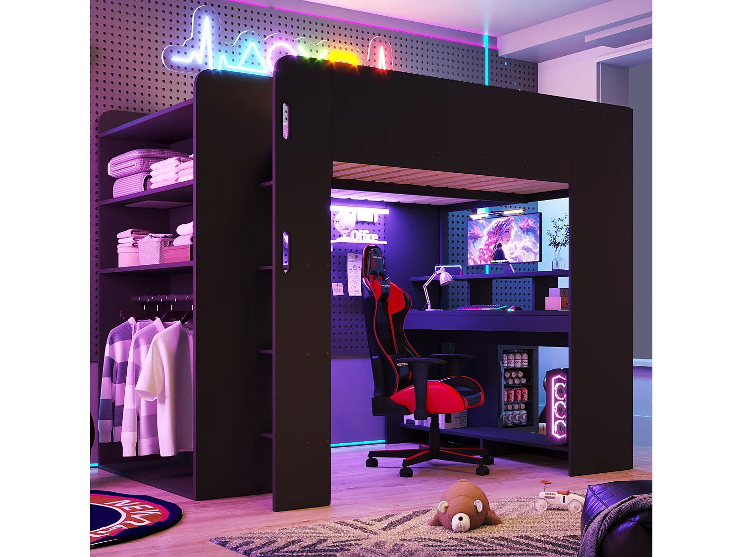 Lit mezzanine en bois 140x200cm avec bureau, LED et USB - Noir