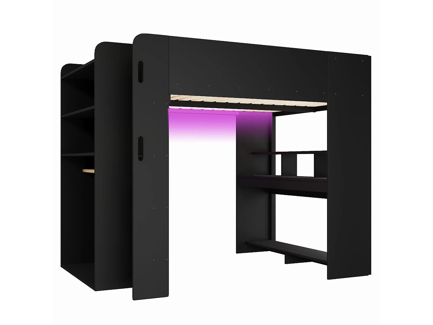 Lit mezzanine en bois 140x200cm avec bureau, LED et USB - Noir