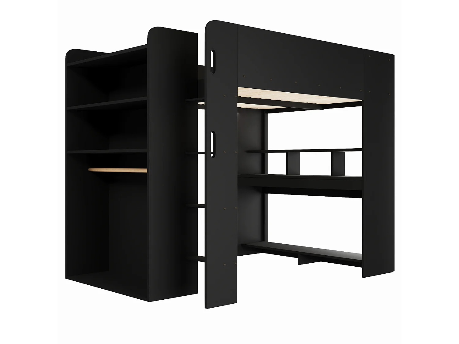 Lit mezzanine en bois 140x200cm avec bureau, LED et USB - Noir