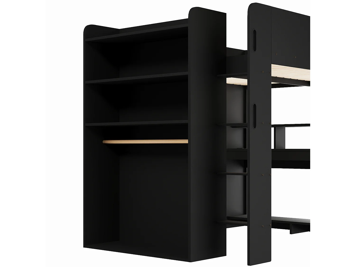 Lit mezzanine en bois 140x200cm avec bureau, LED et USB - Noir