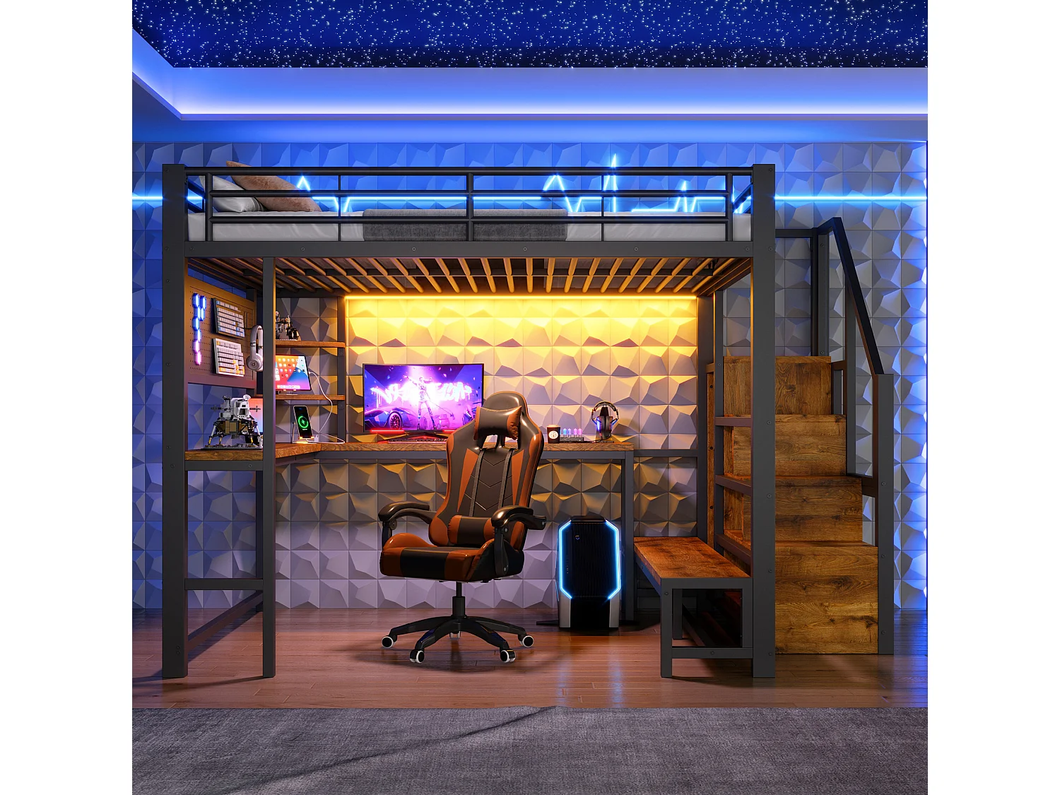 Lit mezzanine 140 x 200 cm avec port USB et USB-C , paroi perforée, étagères - Noir