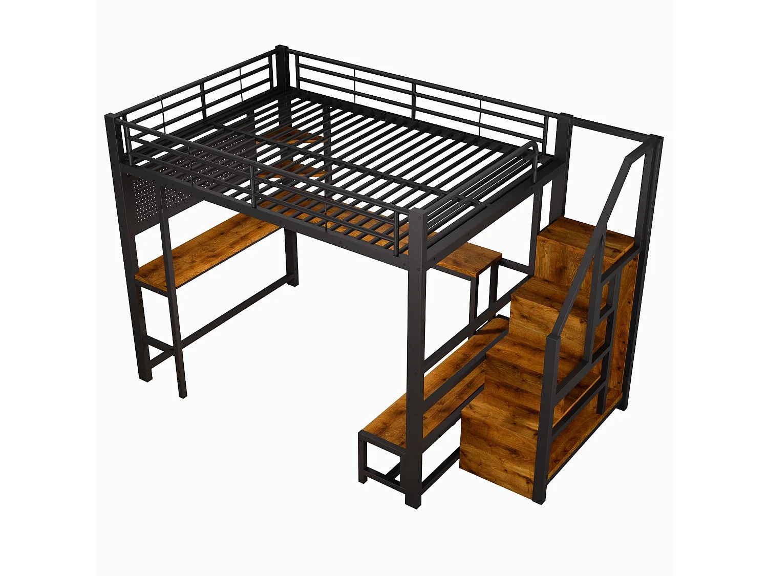 Lit mezzanine 140 x 200 cm avec port USB et USB-C , paroi perforée, étagères - Noir