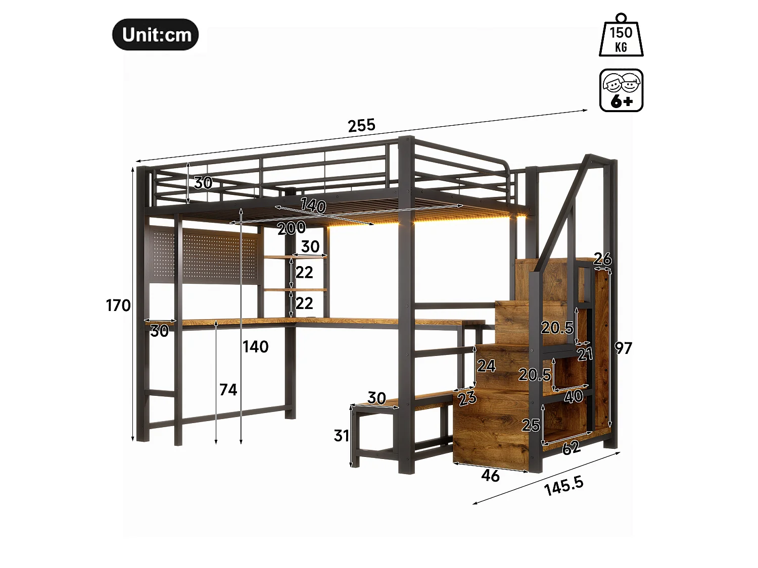 Lit mezzanine 140 x 200 cm avec port USB et USB-C , paroi perforée, étagères - Noir