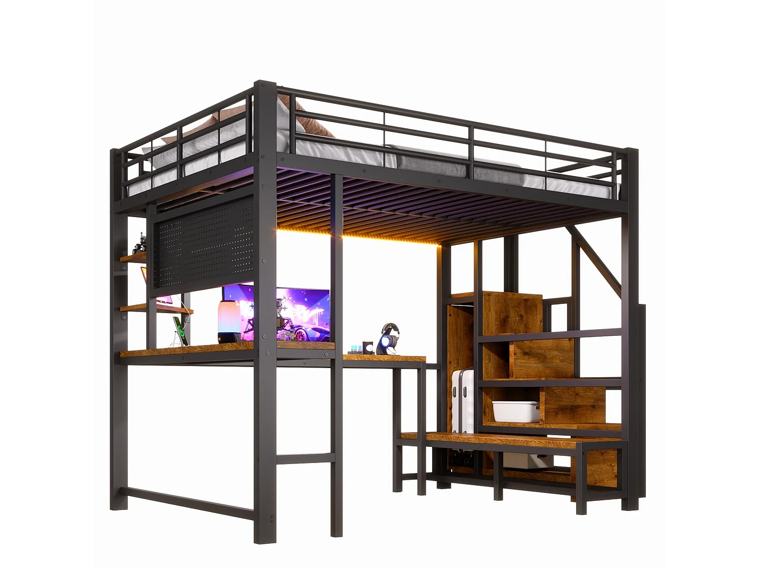 Lit mezzanine 140 x 200 cm avec port USB et USB-C , paroi perforée, étagères - Noir