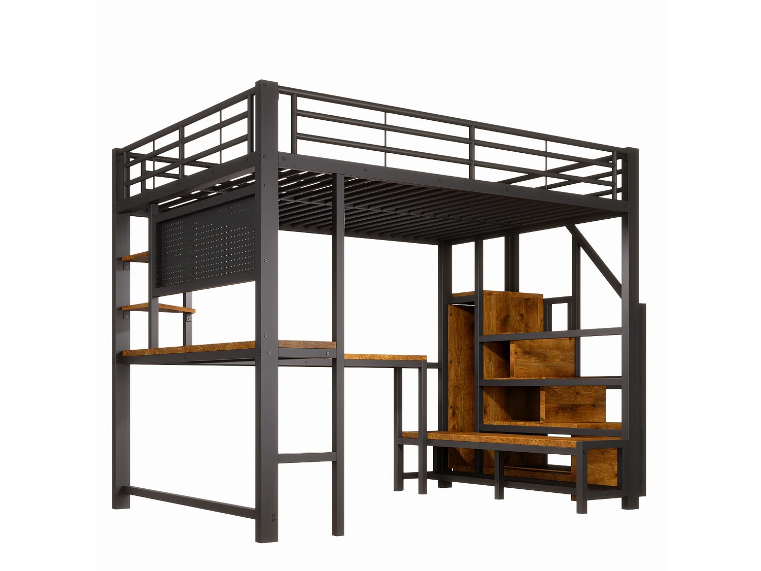 Lit mezzanine 140 x 200 cm avec port USB et USB-C , paroi perforée, étagères - Noir