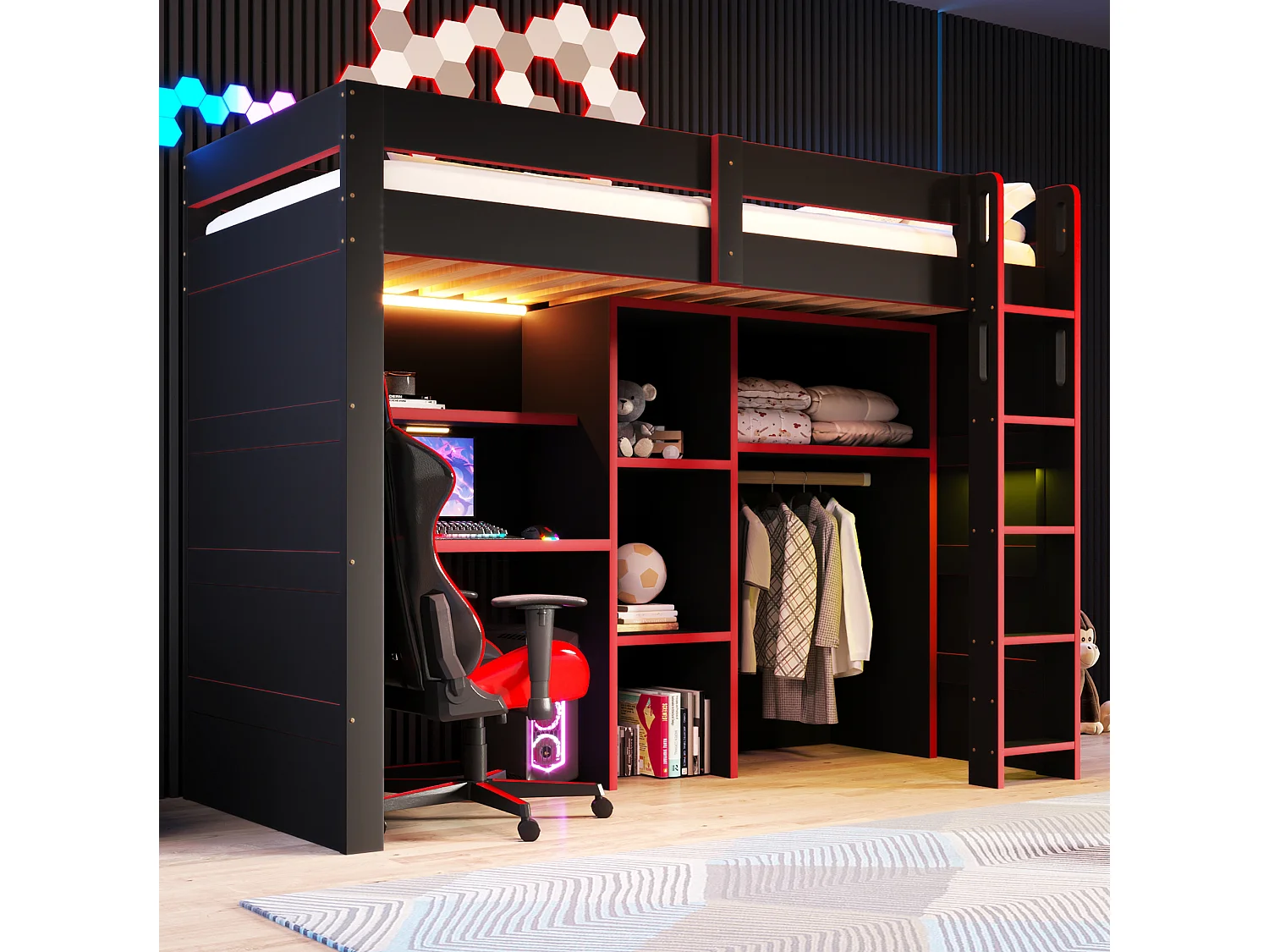 Lit mezzanine enfant 90x200cm avec bureau, armoire et port USB - Noir et rouge