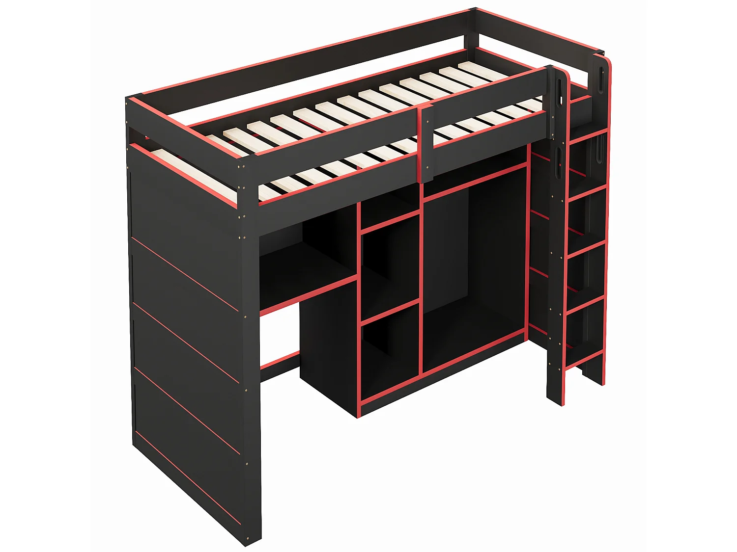 Lit mezzanine enfant 90x200cm avec bureau, armoire et port USB - Noir et rouge