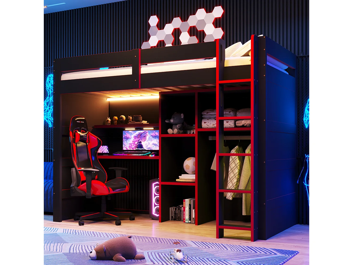 Lit mezzanine enfant 90x200cm avec bureau, armoire et port USB - Noir et rouge