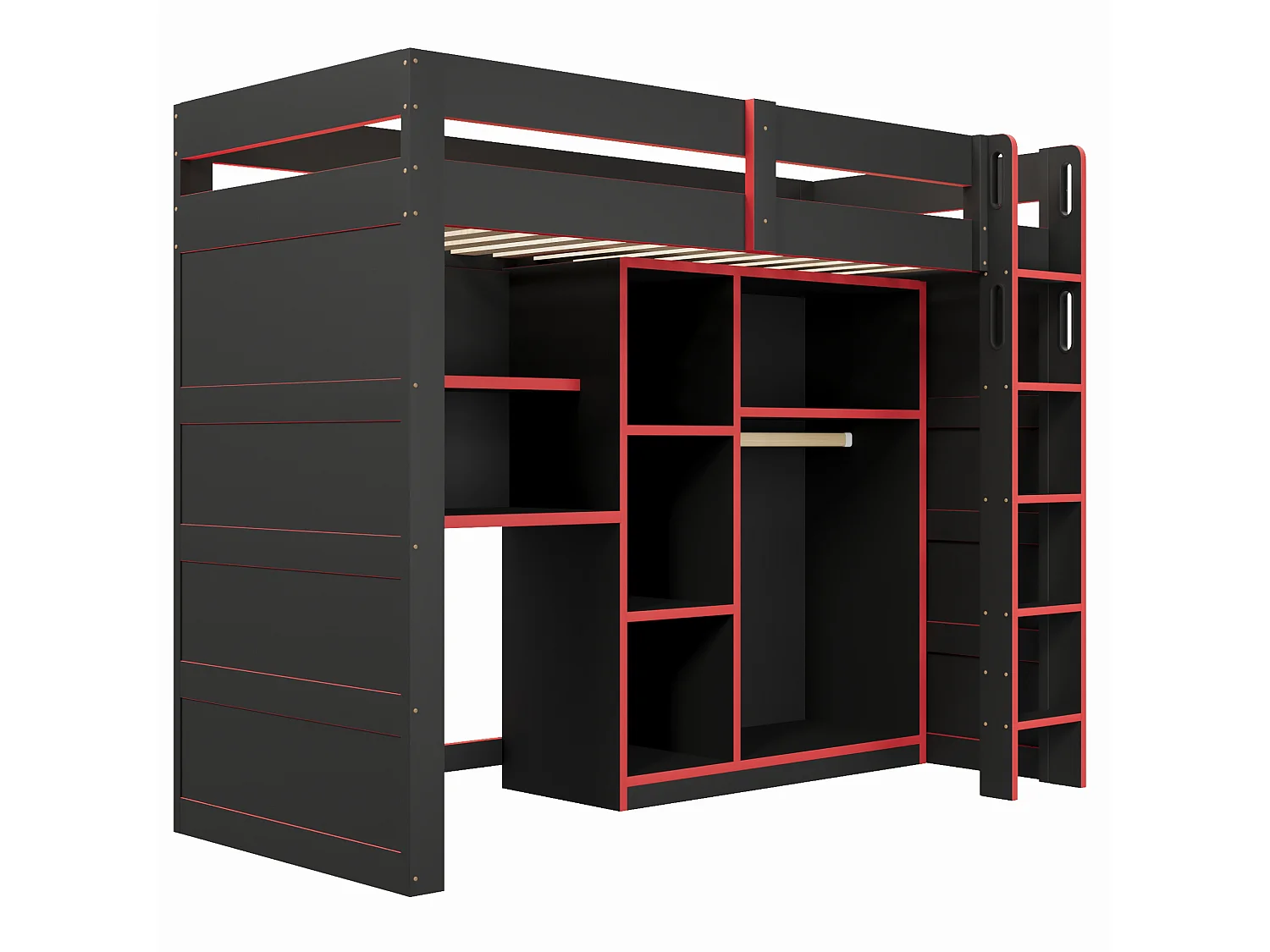Lit mezzanine enfant 90x200cm avec bureau, armoire et port USB - Noir et rouge