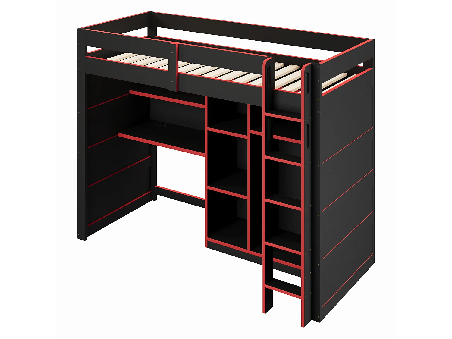 Lit mezzanine enfant 90x200cm avec bureau, armoire et port USB - Noir et rouge
