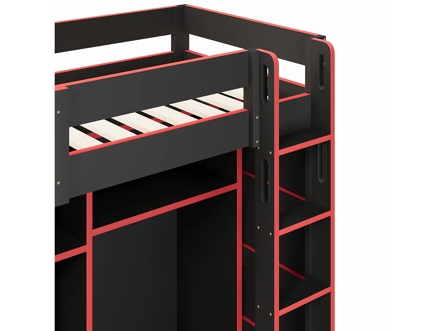 Lit mezzanine enfant 90x200cm avec bureau, armoire et port USB - Noir et rouge