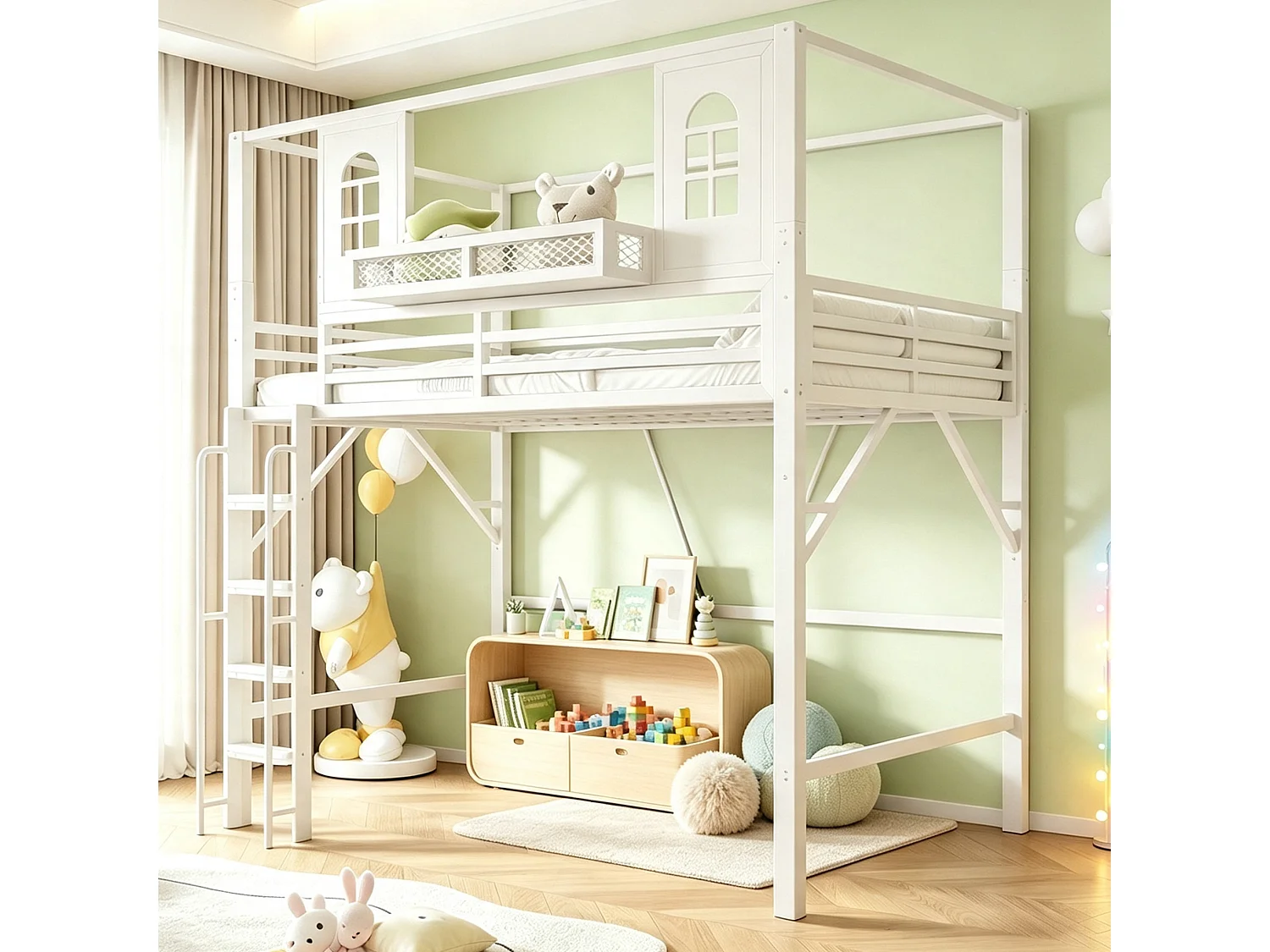 Lit mezzanine enfant 90 x 200 cm en métal avec toit et échelle - Blanc