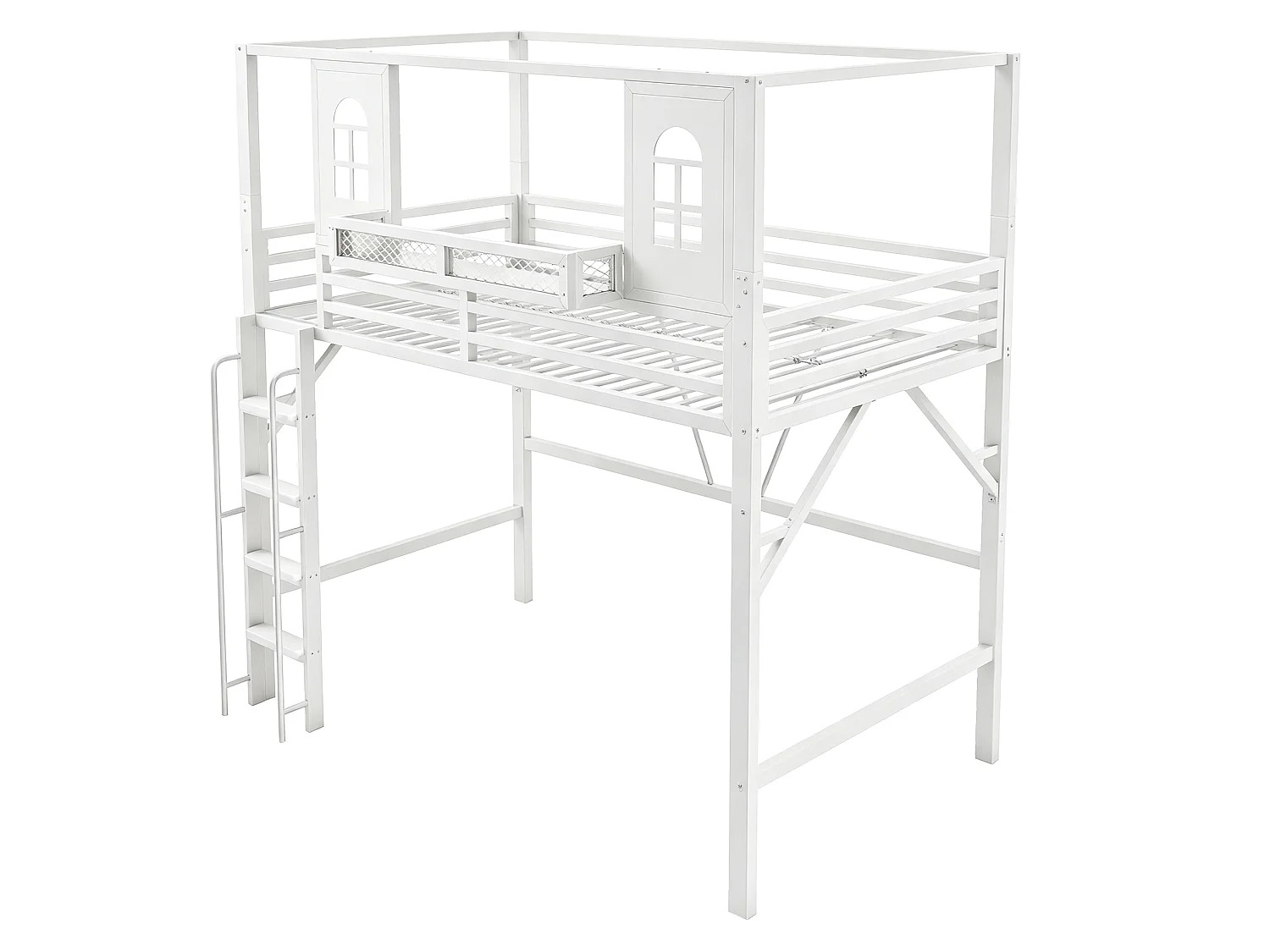 Lit mezzanine enfant 90 x 200 cm en métal avec toit et échelle - Blanc