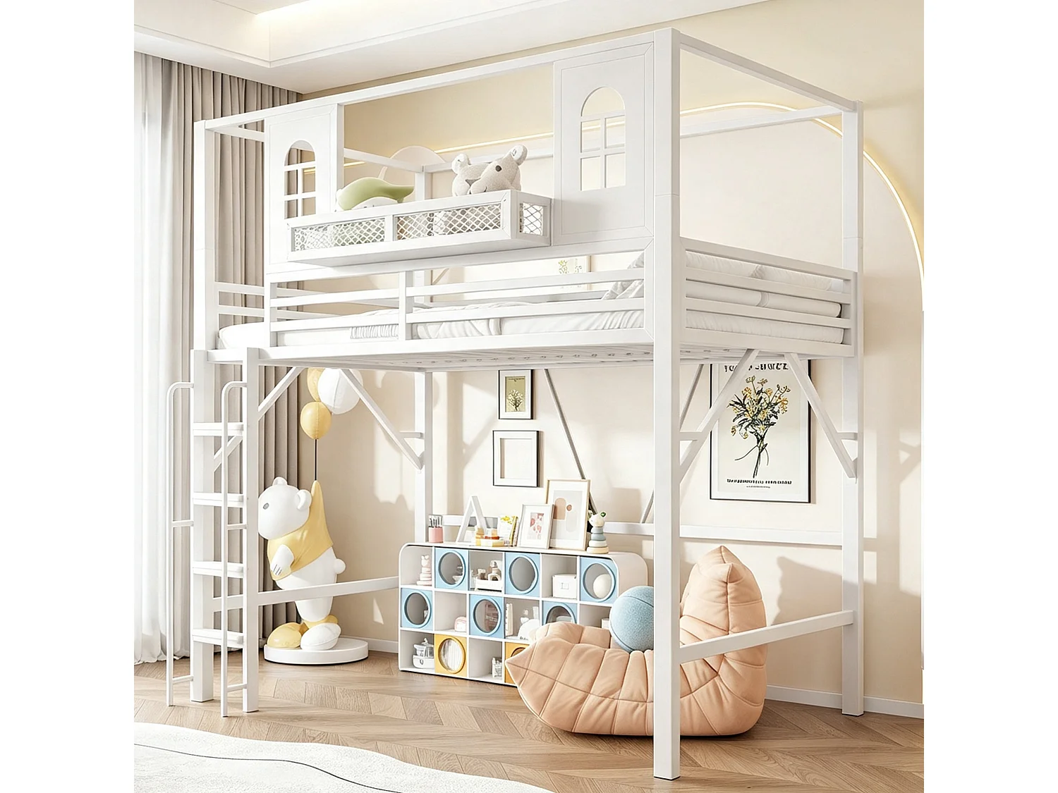 Lit mezzanine enfant 90 x 200 cm en métal avec toit et échelle - Blanc