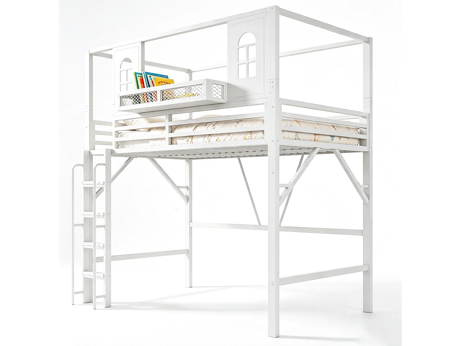 Lit mezzanine enfant 90 x 200 cm en métal avec toit et échelle - Blanc
