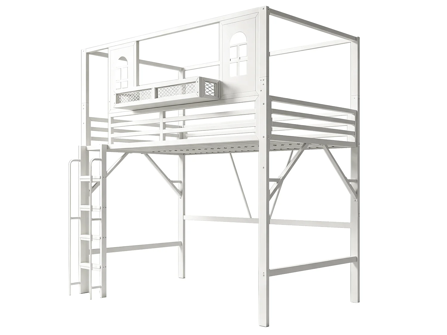 Lit mezzanine enfant 90 x 200 cm en métal avec toit et échelle - Blanc