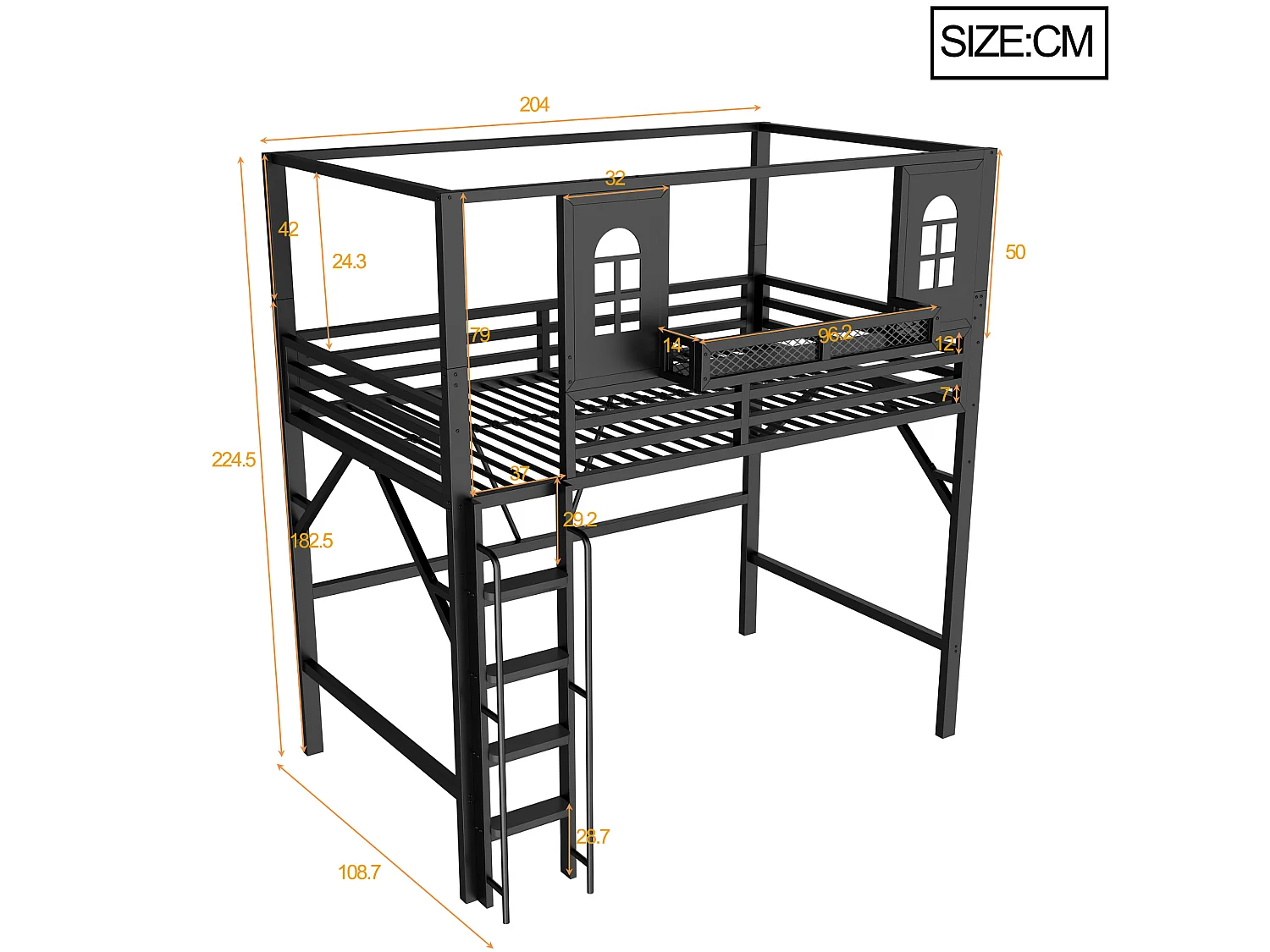 Lit mezzanine enfant 90 x 200 cm en métal avec toit et échelle - Noir