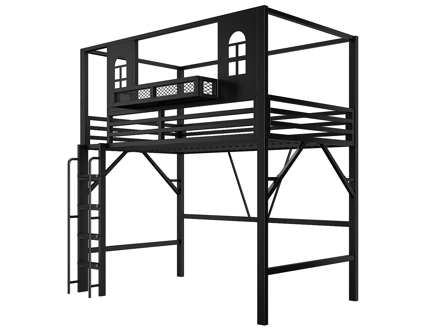 Lit mezzanine enfant 90 x 200 cm en métal avec toit et échelle - Noir