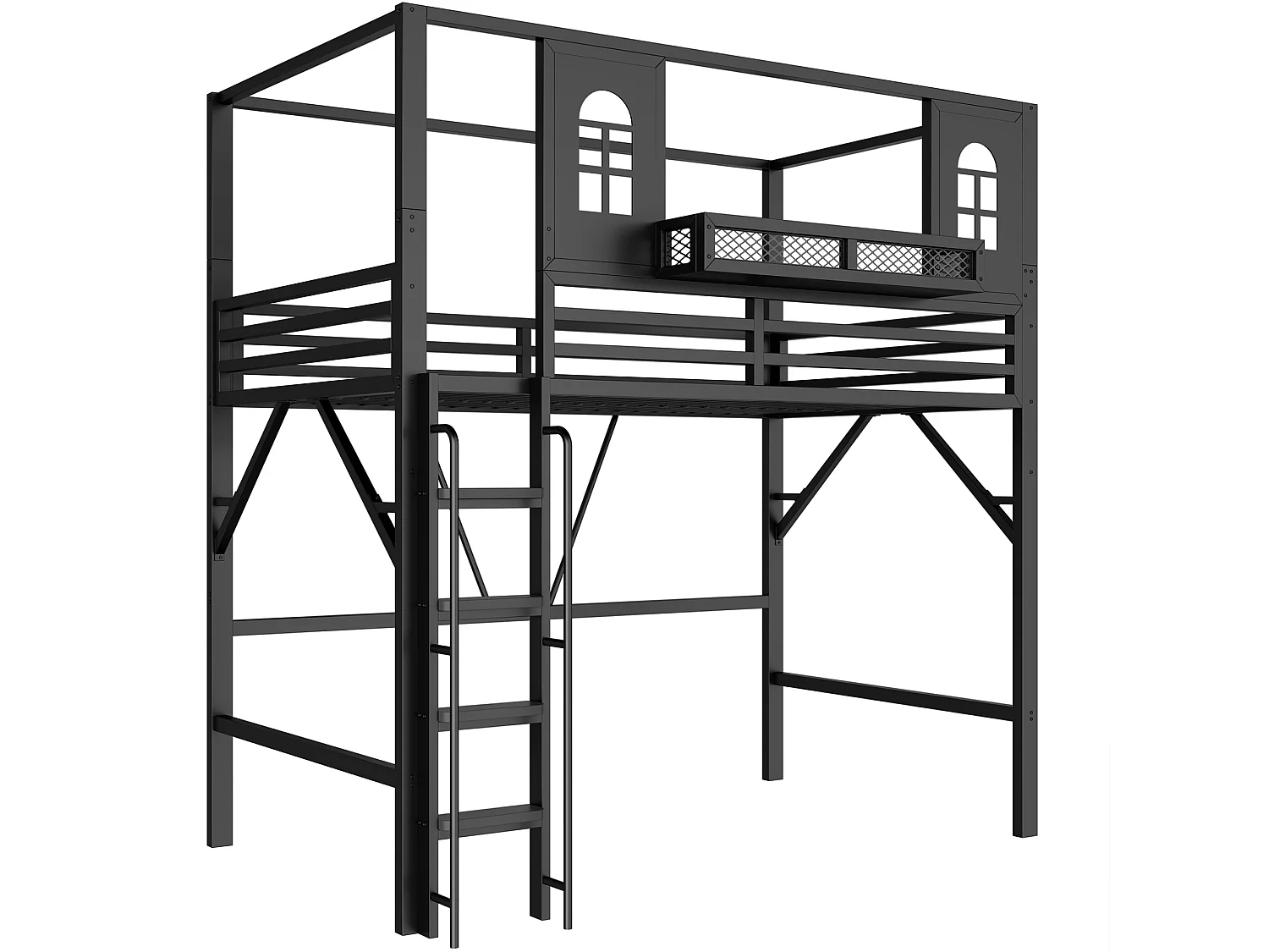 Lit mezzanine enfant 90 x 200 cm en métal avec toit et échelle - Noir