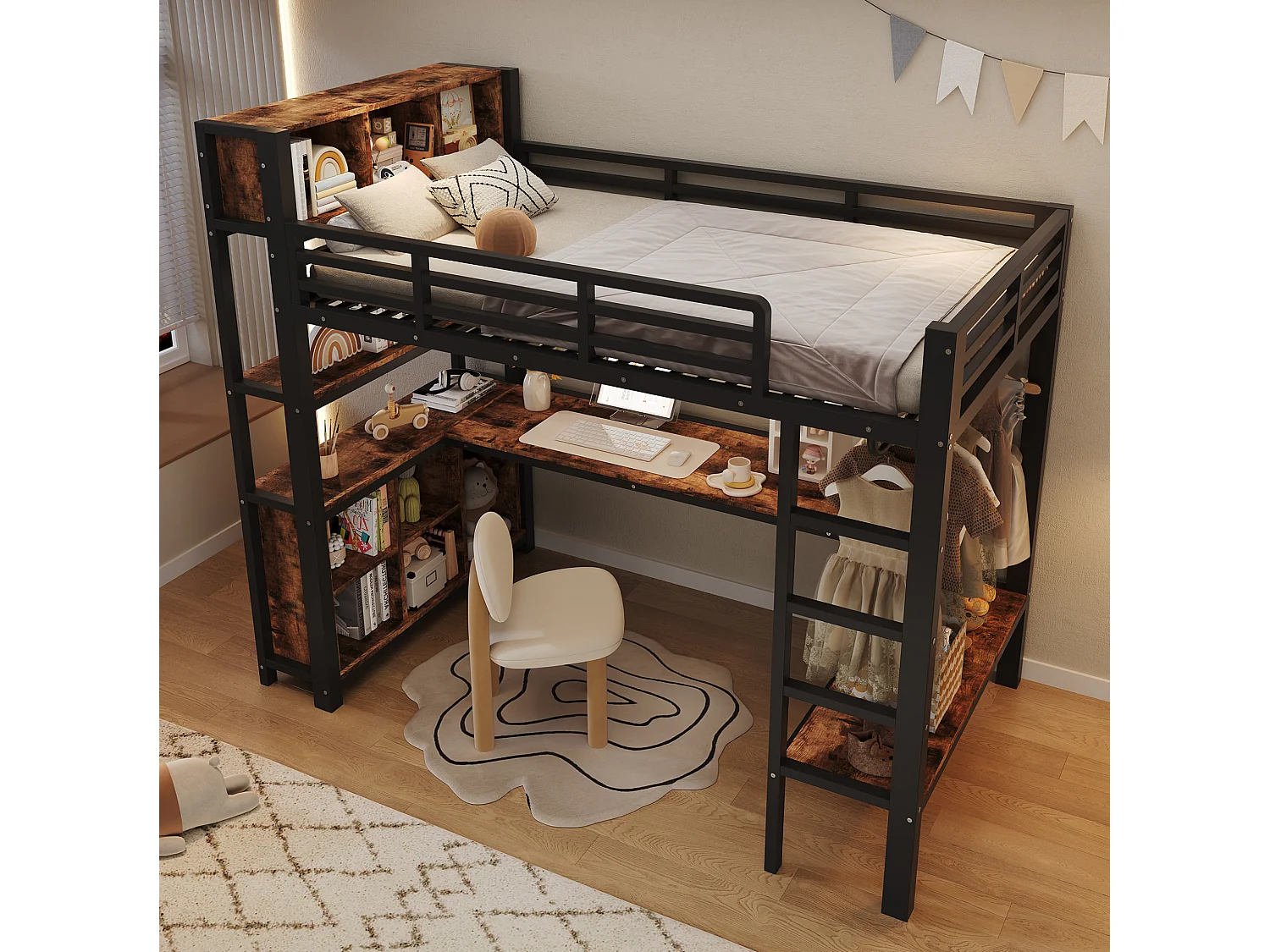 Lit mezzanine enfant 90 x 200 cm avec bureau et rangement - Noir