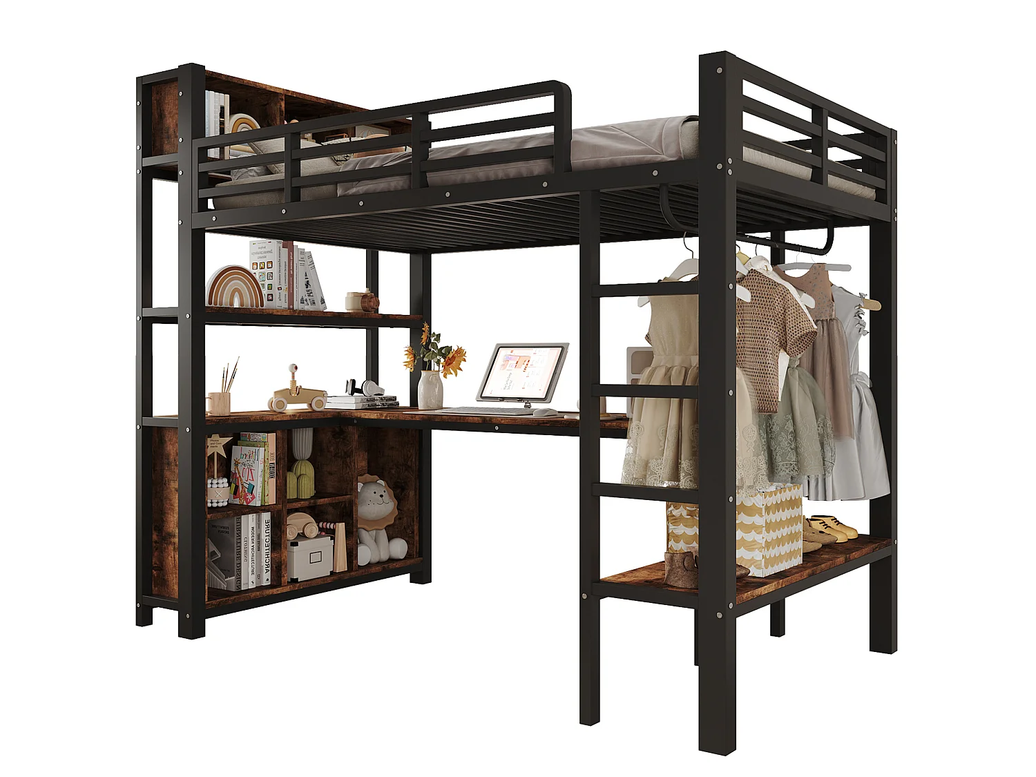 Lit mezzanine enfant 90 x 200 cm avec bureau et rangement - Noir