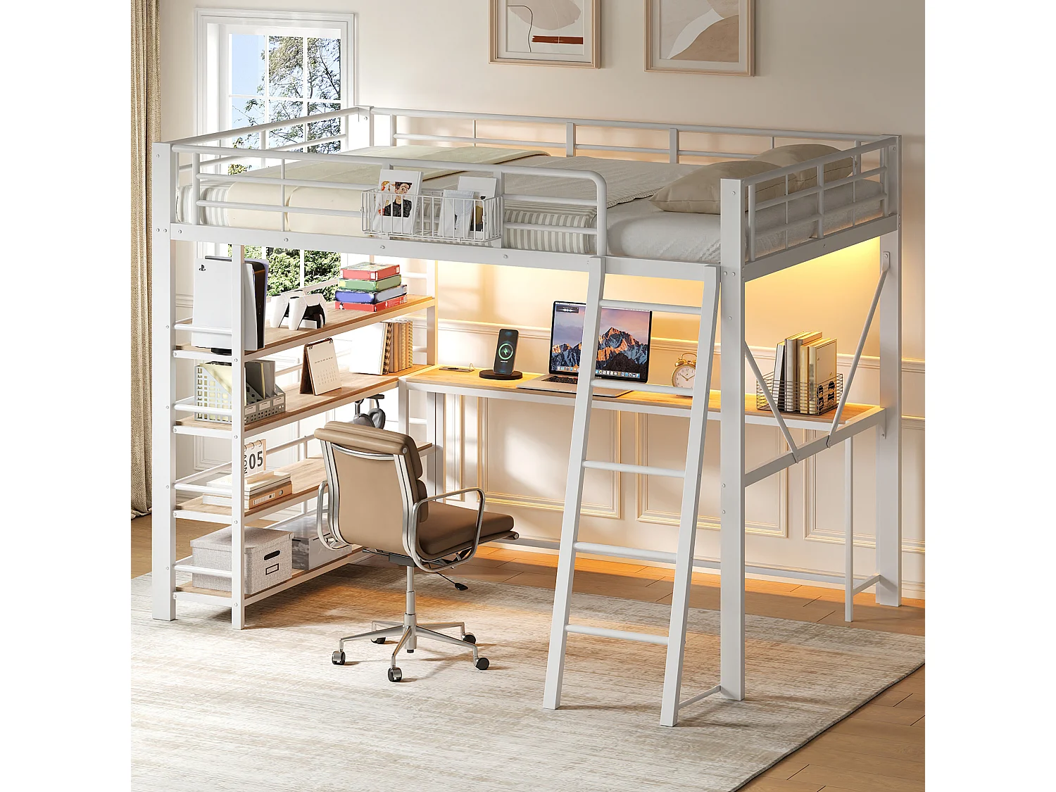 Lit mezzanine en métal 140 x 200 cm avec bureau et USB - Blanc