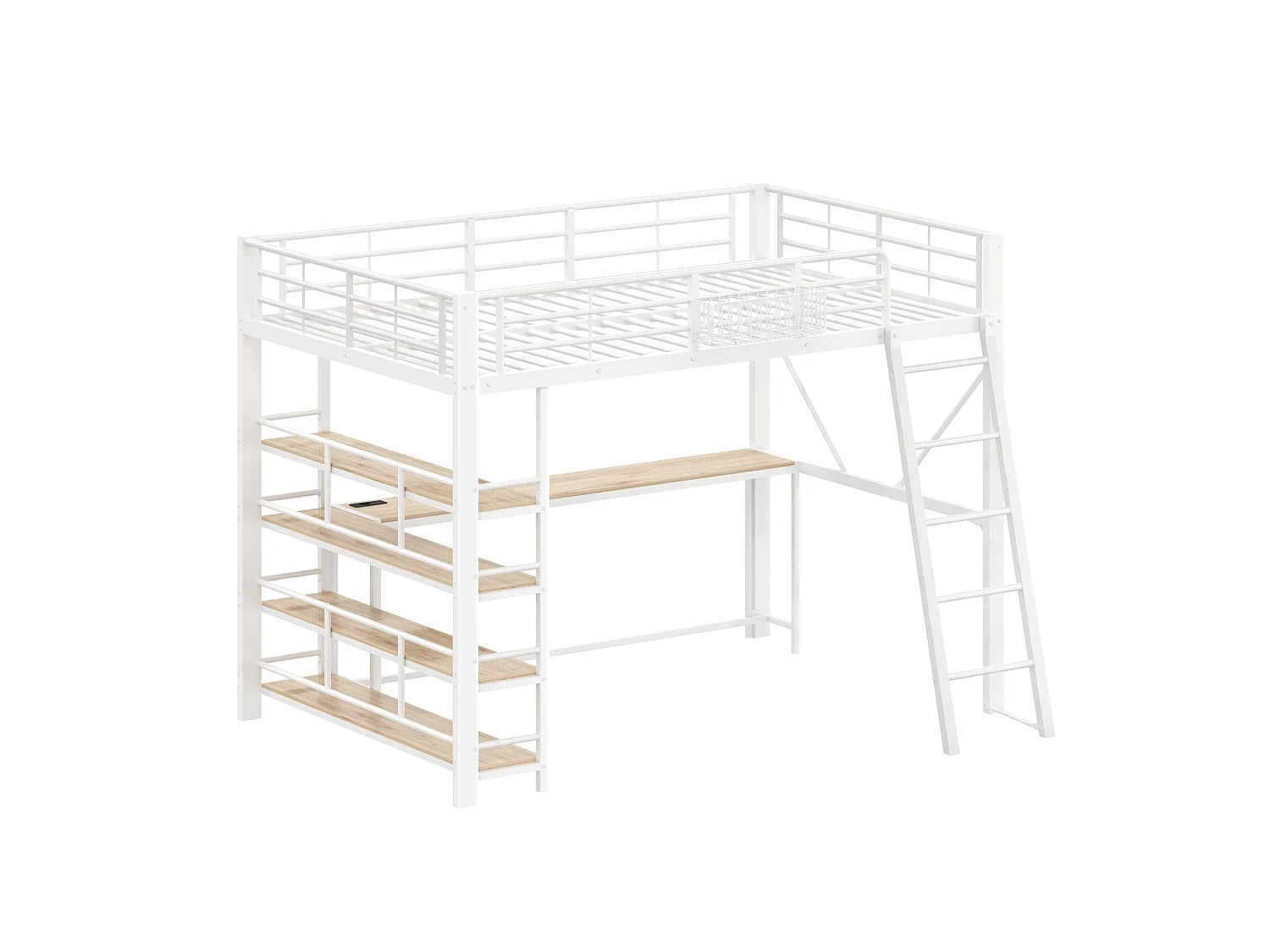 Lit mezzanine en métal 140 x 200 cm avec bureau et USB - Blanc