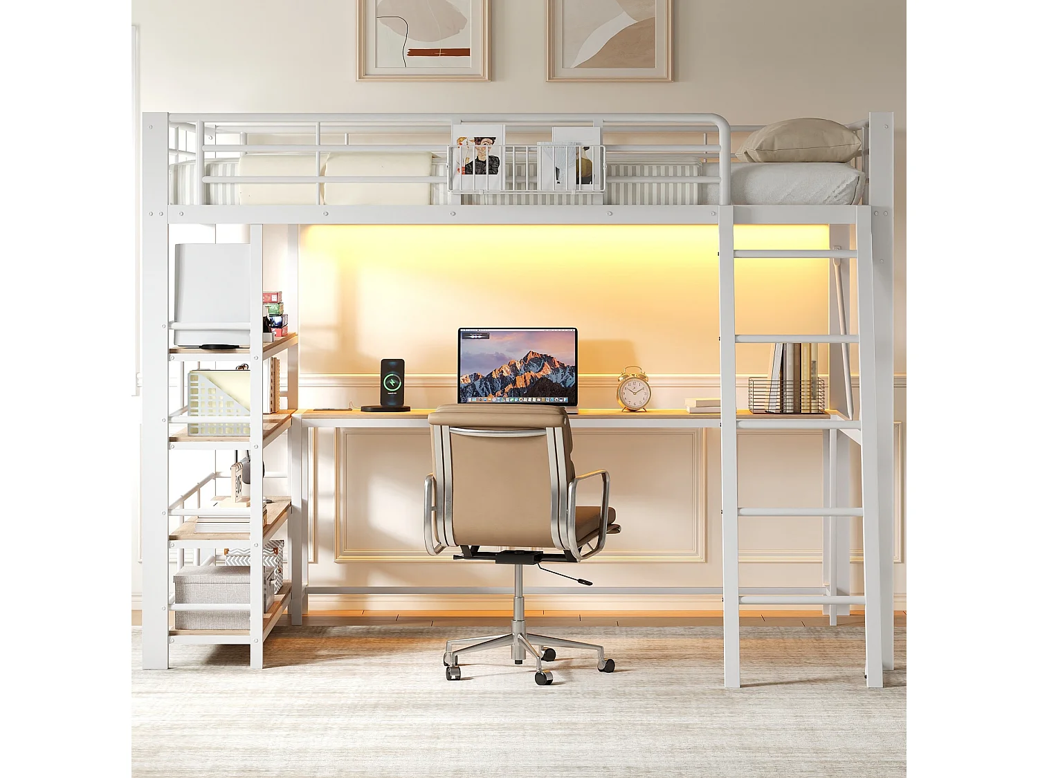 Lit mezzanine en métal 140 x 200 cm avec bureau et USB - Blanc