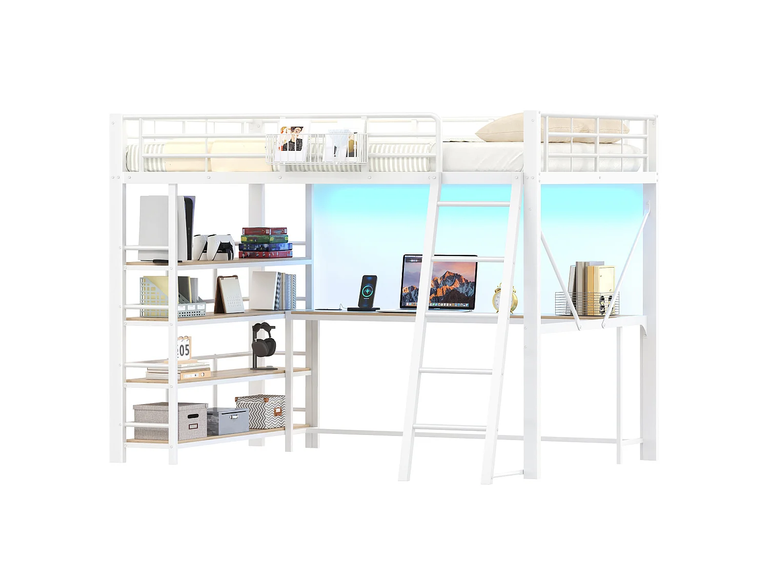Lit mezzanine en métal 140 x 200 cm avec bureau et USB - Blanc